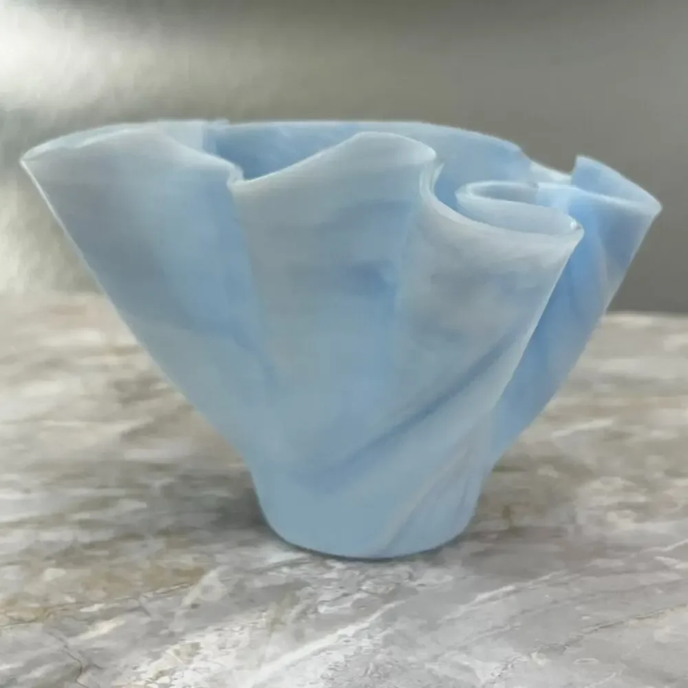 Art Glass Vase Opalescent Blue White Ruffled Handkerchief Murano Style